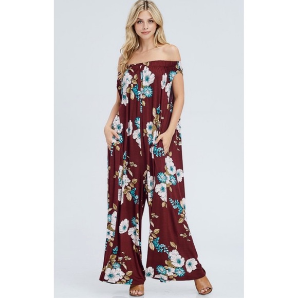 Love In Pants - Off Shoulder Floral Jumpsuit in Wine with Pockets Love In Pants - Off Shoulder Floral Jumpsuit in Wine with Pockets